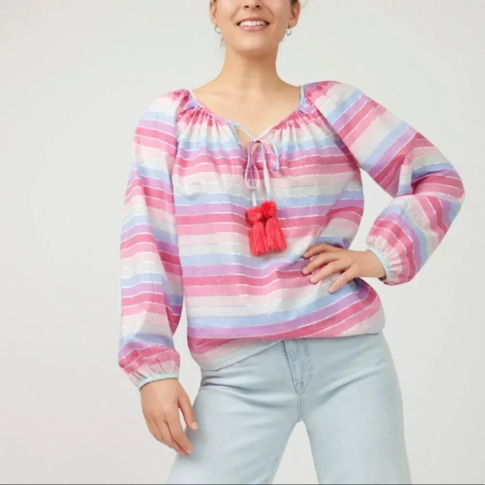 NWT J. Crew Metallic Pastel Pink Purple Striped Peasant Top Size Small